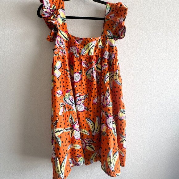 Kourt Aria Linen Tropical Short Dress Pockets Fruit Bird Medium Orange - Picture 9 of 14